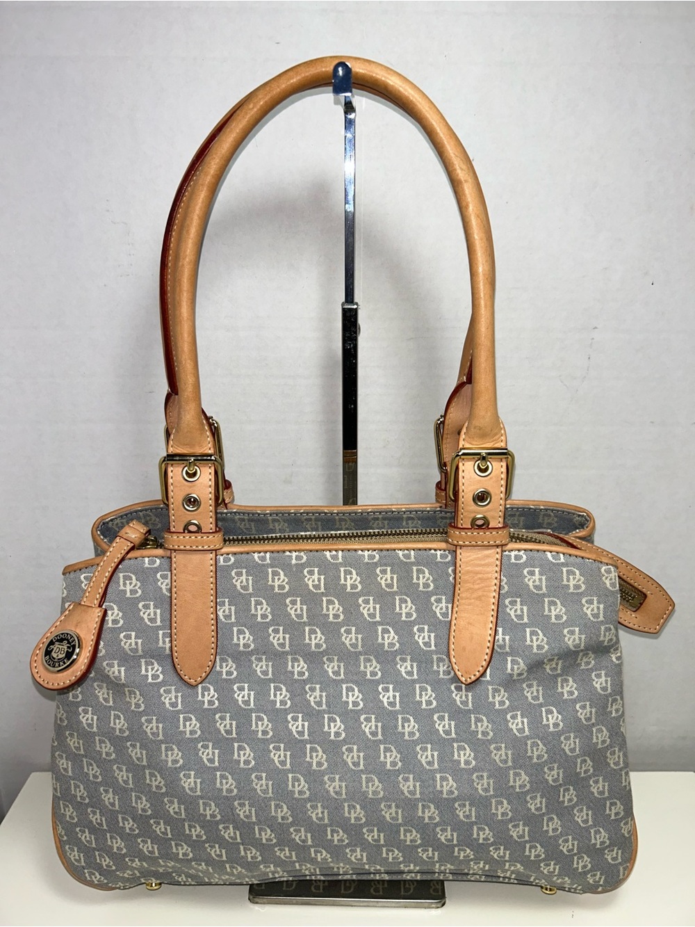 Dooney & Bourke Gray White Canvas Monogram Leather Satchel Shoulder Bag